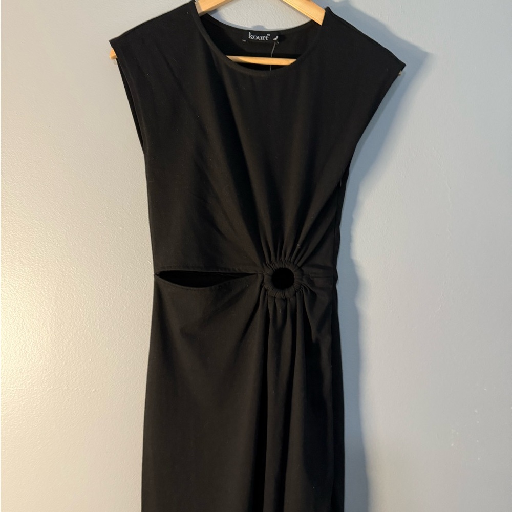 Kourt Black Ruched Midi Dress with Cap Sleeves